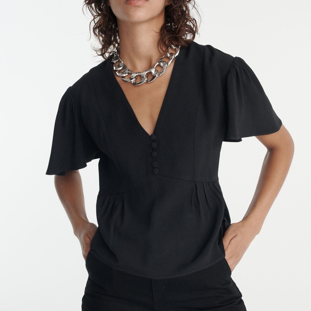 The Kooples Black crepe top with V-neck - ruffled sleeves